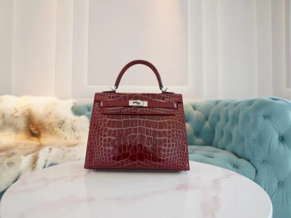 God Factory Bags Hermes Kelly 25CM 57 Bordeaux Shiny Aligator Crocodile Silver Hardware