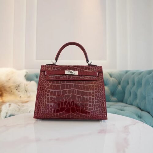 God Factory Bags Hermes Kelly 25CM 57 Bordeaux Shiny Aligator Crocodile Silver Hardware