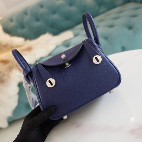 God Factory Bags Factory Hermes 7K Blue Saphir Clemence Leather Mini Lindy19CM Silver Hardware