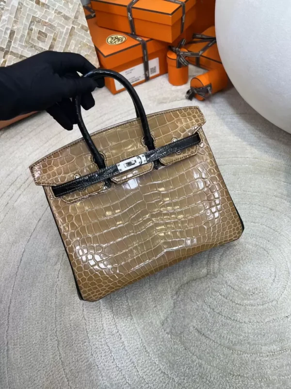 63bce8b9c0eb0ef-jpg UK London 1i Dust/ 89 Noir Shiny Porosus Crocodile Birkin 25CM Silver Hardware