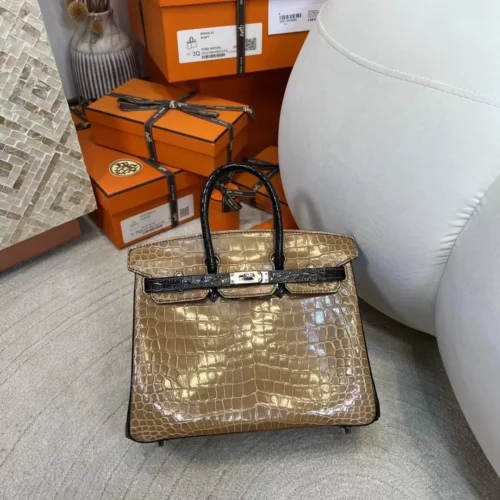 UK London 1i Dust/ 89 Noir Shiny Porosus Crocodile Birkin 25CM Silver Hardware