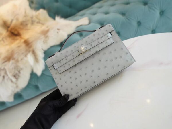69716e74dc96d58 New Arrival Hermes Kelly Pochette22cm 8U Blue Glacier KK Ostrich Leather Gold Hardware