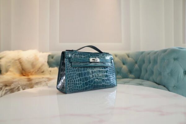 6c7a70cd59fc815 Hermes Factory Kelly Pochette 22CM Shiny Alligator W0 Vert Bosphore Silver Hardware