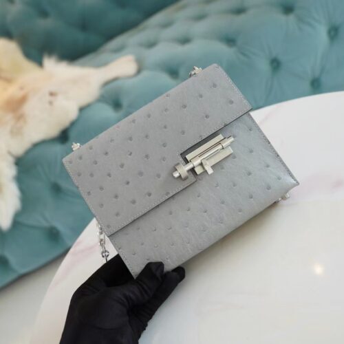 God Factory Bags Hermes Factory 8U Blue Glacier KK Ostrich Skin Verrou Mini Silver Hardware