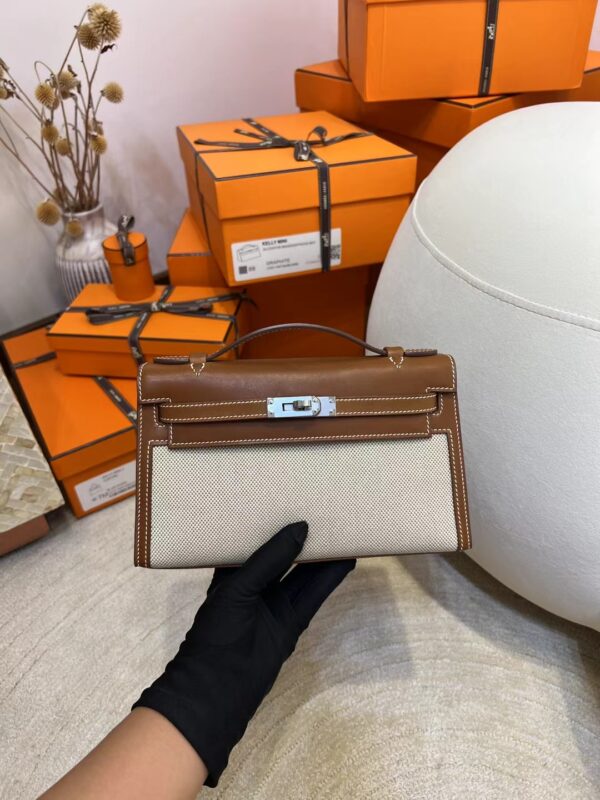 717ffa4de1260e4 Hermes Kelly Pochette 22CM Barenia Fauve/ Canvas Beige Silver Hardware