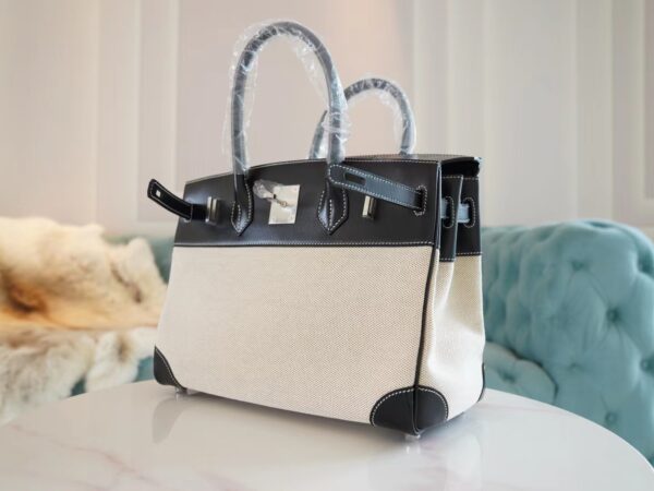 735e0c5d70f1f98 Discount God Factory Bags Hermes 89 Noir Box Leather & Canvas Birkin Bag30CM Silver Hardware