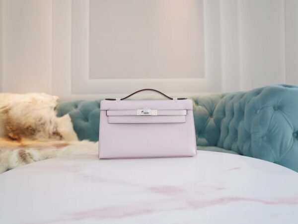 743caf005c6396d-1 Sale Hermes Mini Kelly Pochette22cm 09 Mauve Pale Swift Leather Silver Hardware