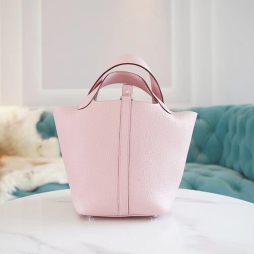 Full Handmade Hermes Picotin Bag18CM 3Q Rose Sakura Clemence Leather Silver Hardware