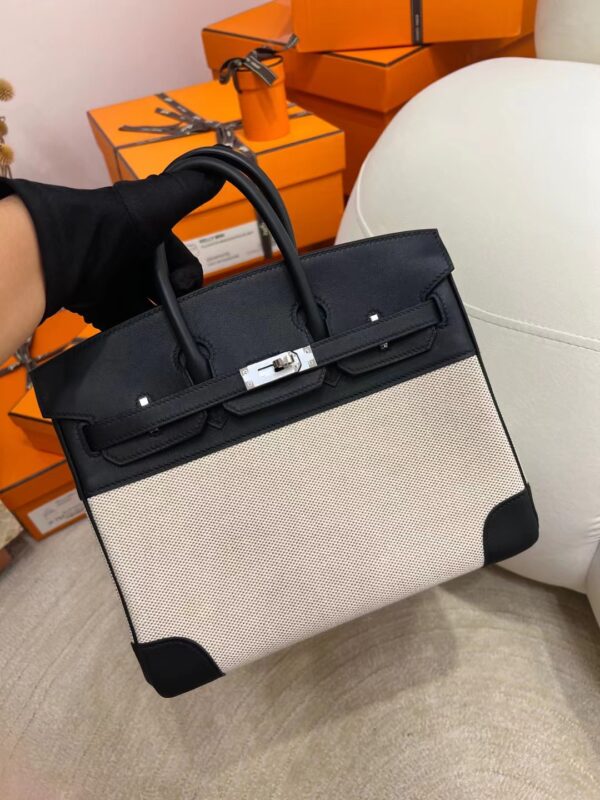 757a8271f868a71 Hermes Shop Birkin 25CM Beige Canvas/ 89 Noir Leather Silver Hardware