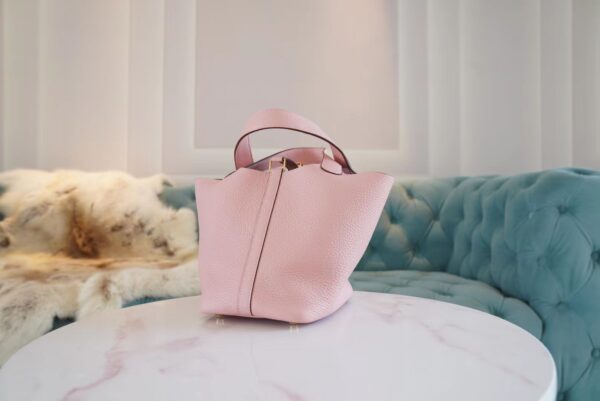 76c6fb639565ecf God Factory Bags Hermes Rose Sakura Clemence Leather Picotin18CM Women’s Bag Gold Hardware