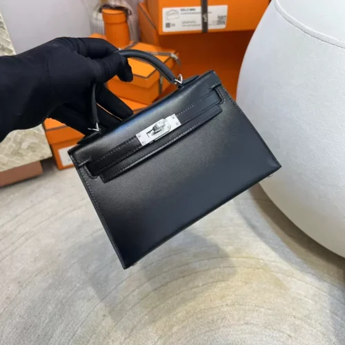 Taiwan Hermes Mini Kelly 19CM 89 Noir Box Leather Silver Hardware