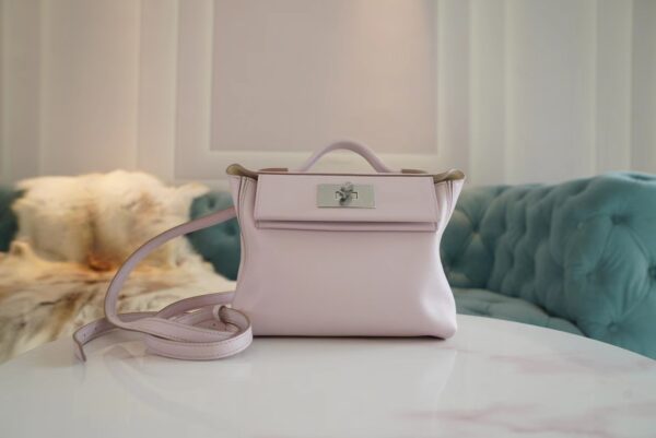 7832e1bcc10b584-1 Full Handmade Hermes 09 Mauve Pale / Nata Mini Kelly 24/24 Evercolor Leather Silver Hardware