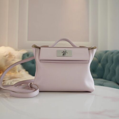 Full Handmade Hermes 09 Mauve Pale / Nata Mini Kelly 24/24 Evercolor Leather Silver Hardware