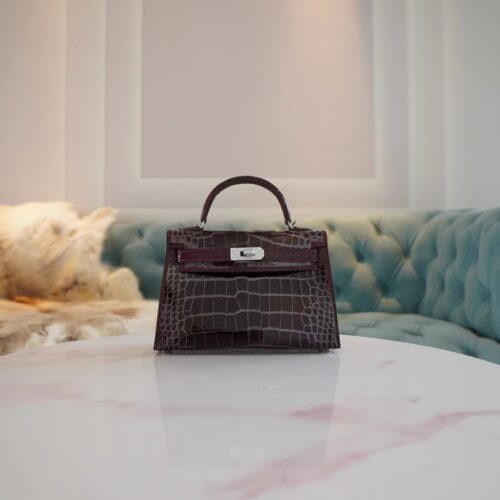 Hermes Mini Kelly 19CM HCP Shiny Alligator 57 Bordeaux Silver Hardware