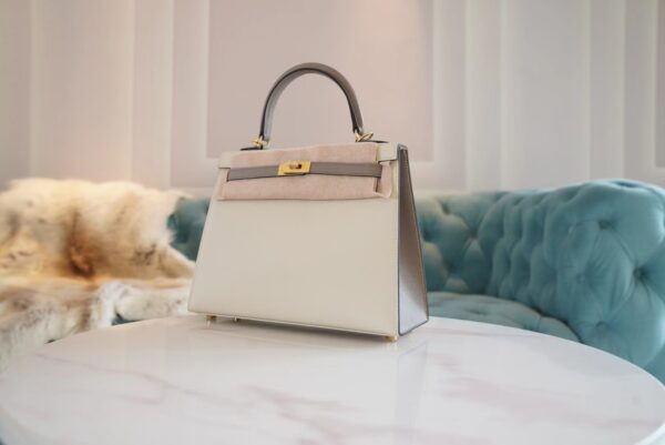 786c5aa2107916e Hand Stitch Hermes Craie/Gris Asphalt Epsom Leather Kelly 25CM Tote Bag Gold Hardware