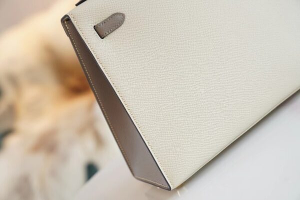 7b45e63085a18b1 Hand Stitch Hermes Craie/Gris Asphalt Epsom Leather Kelly 25CM Tote Bag Gold Hardware