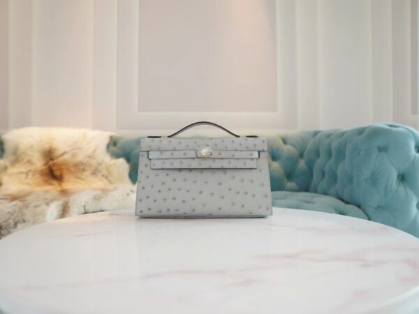 7c51e52cd8c2d3d-1 New Arrival Hermes Kelly Pochette22cm 8U Blue Glacier KK Ostrich Leather Gold Hardware