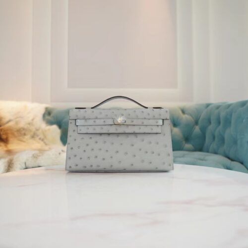New Arrival Hermes Kelly Pochette22cm 8U Blue Glacier KK Ostrich Leather Gold Hardware