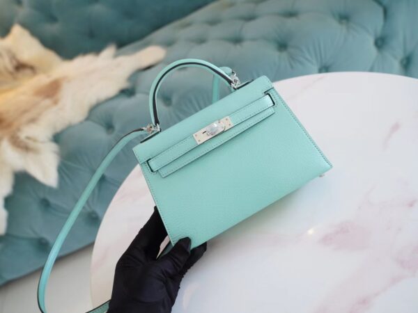 7d4352a8a7b8639 Discount God Factory Bags Hermes Aqua Chevre Leather Mini kelly Two19CM Silver Hardware