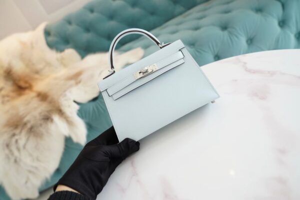 7ecfcbc19caaf35 Hermes Handmade Boutique T0 Blue Brume Epsom Leather Mini Kelly19CM Silver Hardware