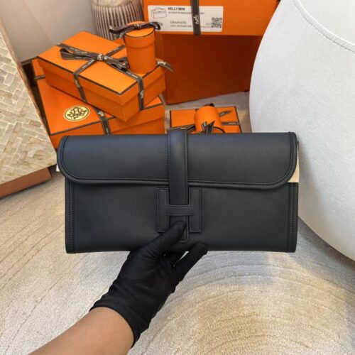 Saudi Arabia Riyadh Hermes Swift Jige Clutch Bag 89 Noir Silver Hardware