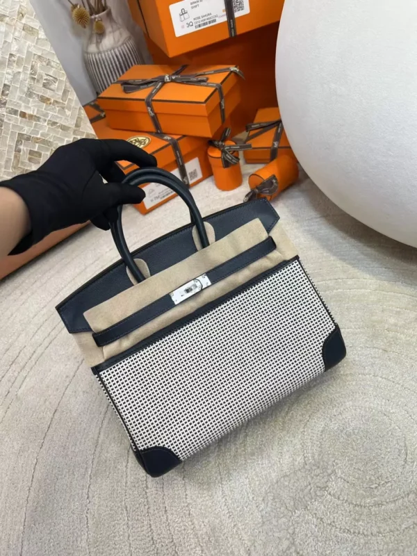 83108d6f4b308e6-jpg Full Handmade Caban Toil Canvas / Leather Birkin Bag 25CM Silver Hardware