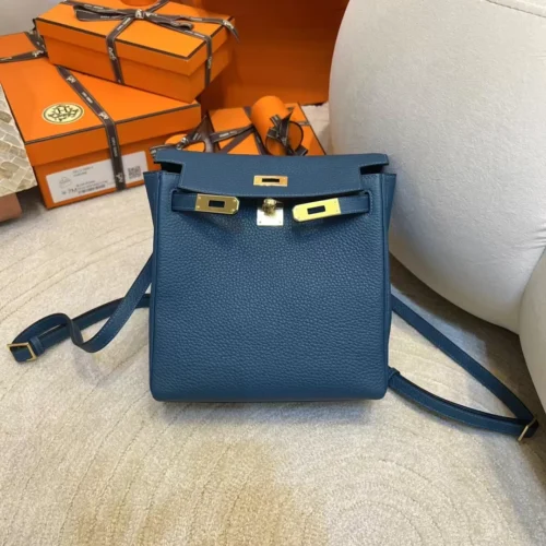 Hermes 1P Blue Colvert Clemence Kelly Ado Backpack Gold Hardware
