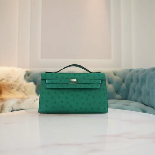 Fashion Hermes Kelly Pochette22cm U4 Vert Vertigo KK Ostrich Leather Gold Hardware