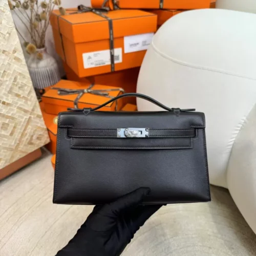 Hot Sale Kelly Pochette 22cm 46 Ebene Swift Leather Silver Hardware
