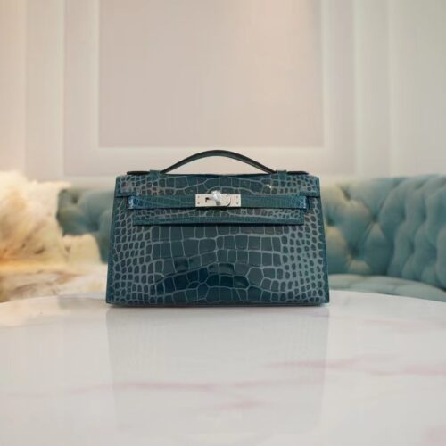 Hermes Factory Kelly Pochette 22CM Shiny Alligator W0 Vert Bosphore Silver Hardware