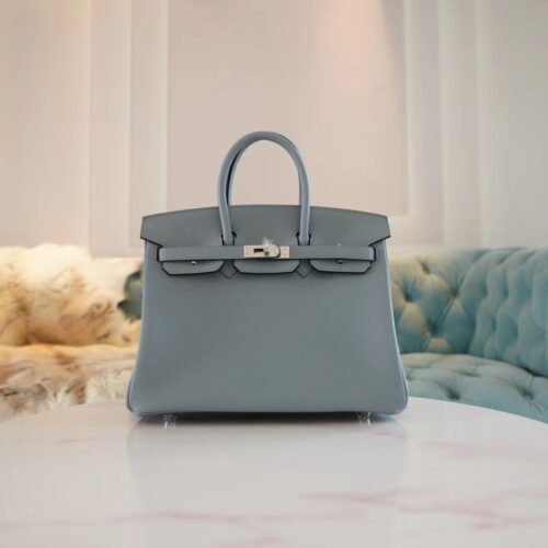 New Hermes Birkin 25CM J7 Blue Lin / D0 Beige De Weimer Togo Silver Hardware