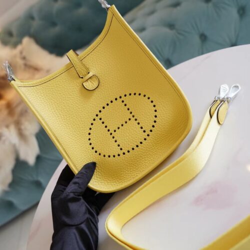 New Arrival Hermes 0Y Lemoncello Clemence Leather Evelyne Mini 16CM