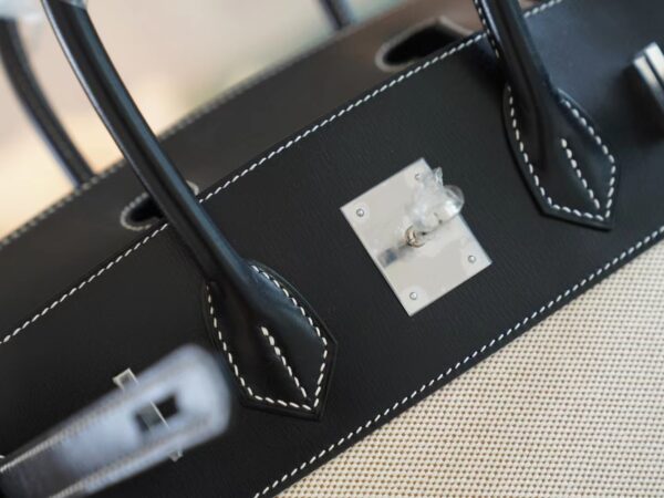 8e24364a0622a68 Discount God Factory Bags Hermes 89 Noir Box Leather & Canvas Birkin Bag30CM Silver Hardware