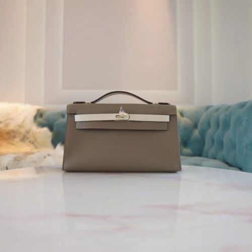 Customize Hermes M8 Gris Asphalt & Nata Swift Leather Kelly Pochette22cm Clutch Bag