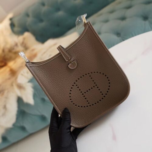 Full Handmade Hermes Evelyne Mini CK18 Etoupe Clemence Leather Gold Hardware