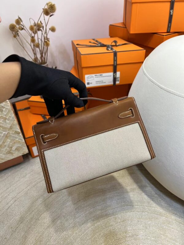 8f5704d85a55d76 Hermes Kelly Pochette 22CM Barenia Fauve/ Canvas Beige Silver Hardware