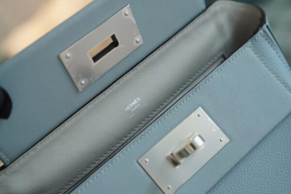 93e6cce01d09fbf Discount Hermes Mini Kelly 24/24 J7 Blue Lin / Gris Mouette Evercolor Leather Silver Hardware