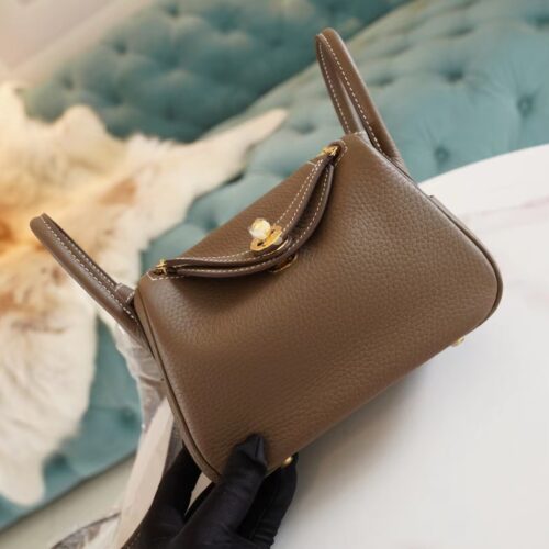 Hermes Handmade Boutique Mini Lindy19CM C18 Gris Etoupe Clemence Leather Gold Hardware