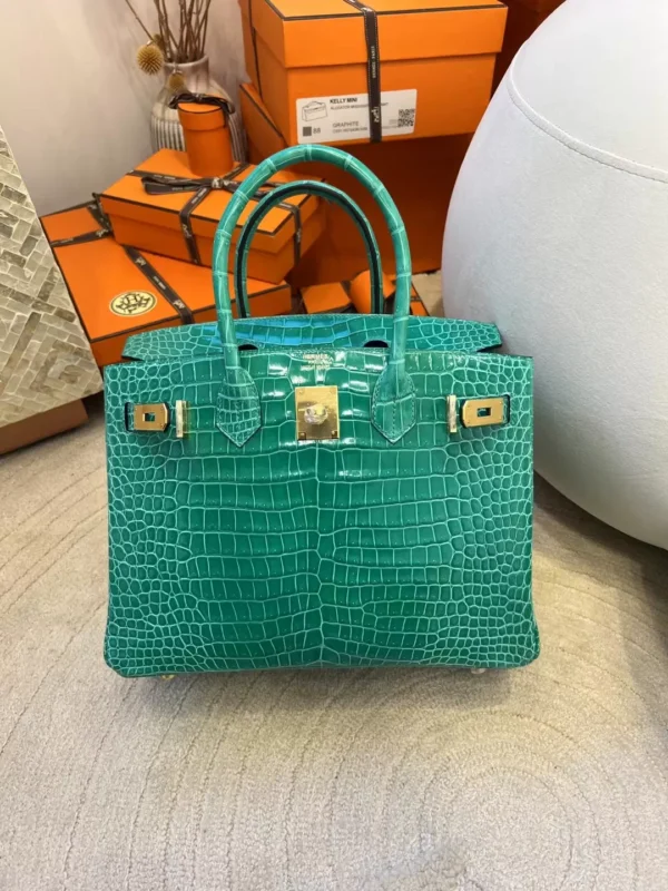 9610a1fd898f64d-jpg UK London Hermes Shiny Porosus Crocodile Birkin 30CM O6 Vert Jade Gold Hardware