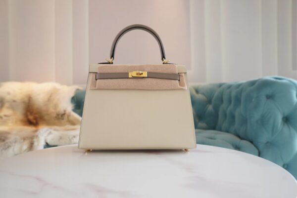 97377b77e65cf8a-1 Hand Stitch Hermes Craie/Gris Asphalt Epsom Leather Kelly 25CM Tote Bag Gold Hardware