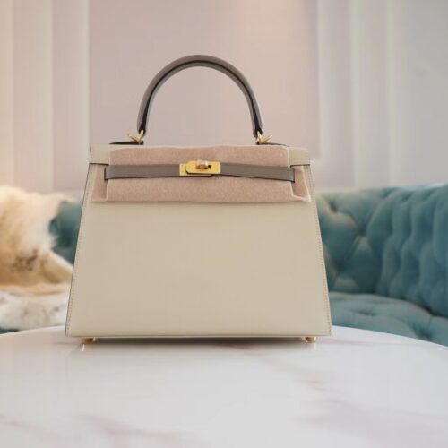 Hand Stitch Hermes Craie/Gris Asphalt Epsom Leather Kelly 25CM Tote Bag Gold Hardware