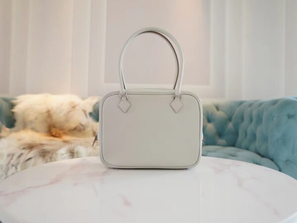 975f61f4921e390-1 New Arrival Hermes Mini Plume Swift 80 Gris Pearl Tote Bag Silver Hardware