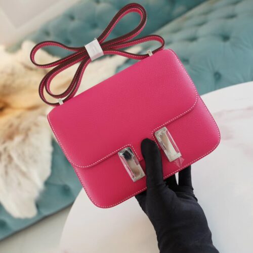 Wholesale God Factory Bags Hermes Constance 19CM E5 Rose Tyrien Epsom Leather Silver Hardware