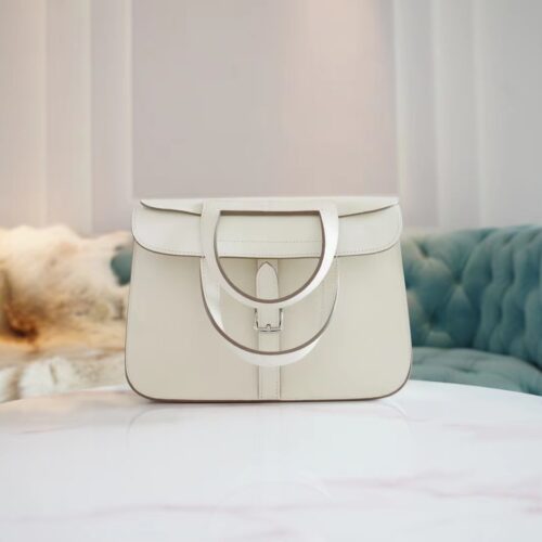 Full Handmade Hermes Halzan 25CM 01 Blanc Evercolor Leather Silver Hardware