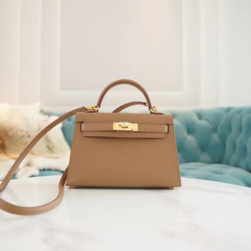 Full Handmade Hermes Mini Kelly19CM 2J Quebracho Chevre Leather Gold Hardware
