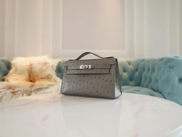 9a7410b72b801fe Hermes Shop Kelly Pochette 22cm Ostrich M8 Gris Asphalt Silver Hardware
