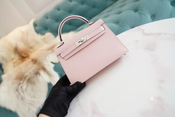 9a9b7add6547e84 Full Handmade Hermes Mini Kelly19CM 3Q Rose Sakura Chevre Leather Silver Hardware