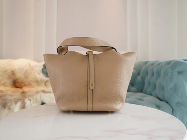 9b4414f16351eb6-1 Hermes Shop S2 Gris Trench Picotin 22CM Clemence Leather Gold Hardware