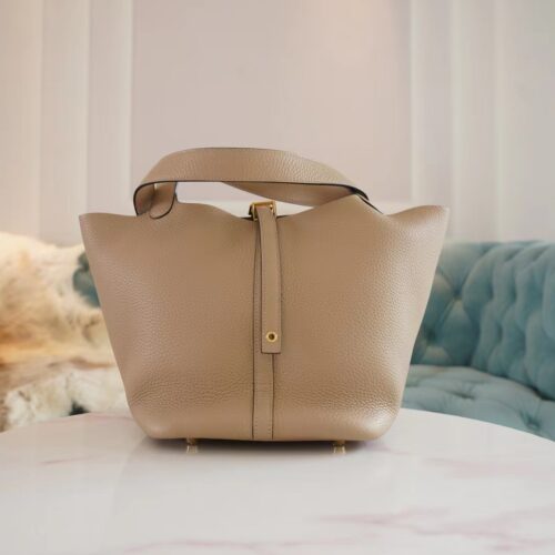 Hermes Shop S2 Gris Trench Picotin 22CM Clemence Leather Gold Hardware