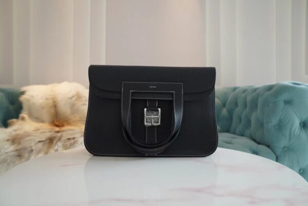 9e5e07d599cb29c Wholesale Hermes Halzan 31CM CK89 Black / White Stitches Clemence Silver Hardware